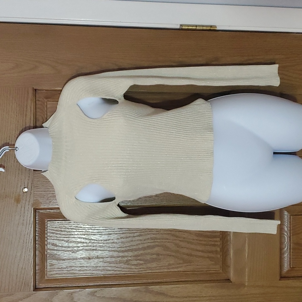 Open Edit Ivory Peekaboo Crop Mock-Neck Sweater